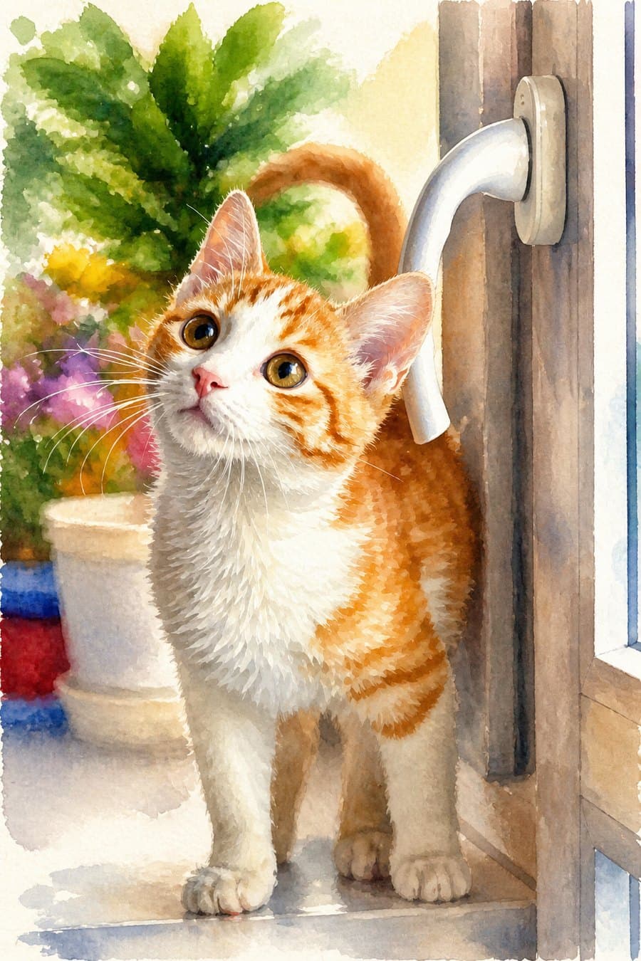 Watercolor painting of a ginger and white cat in a doorway