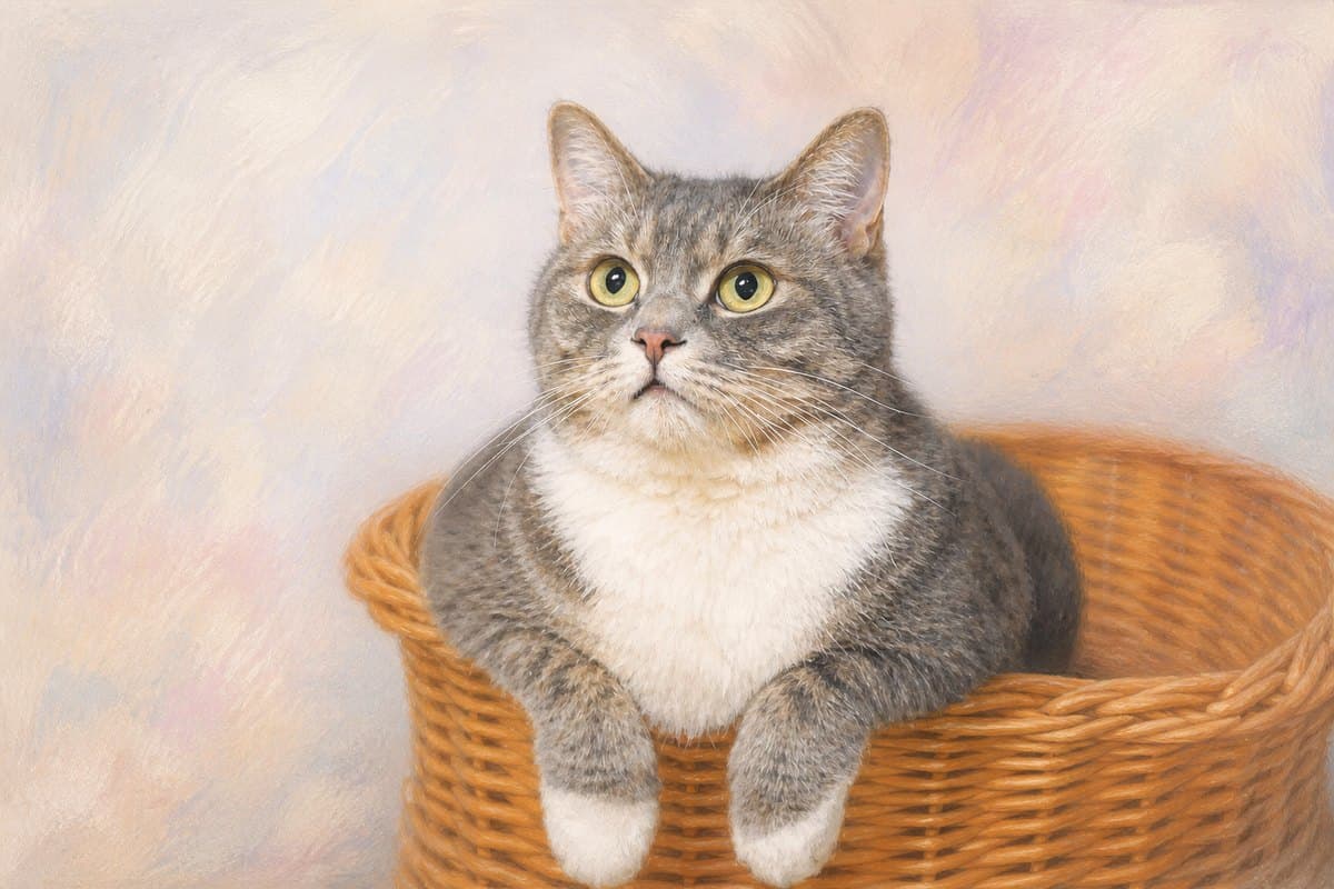 Pastel drawing of a tabby cat resting in a wicker basket