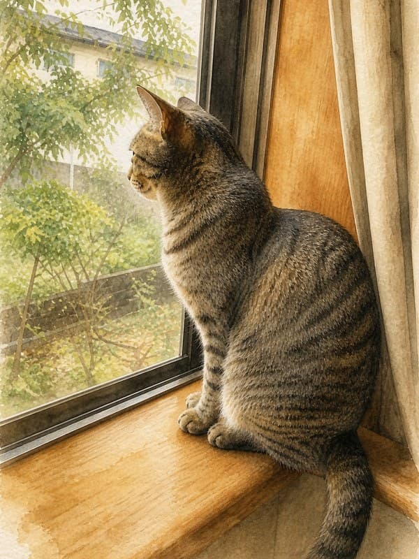 Watercolor painting of a grey tabby cat on a windowsill looking out at a garden