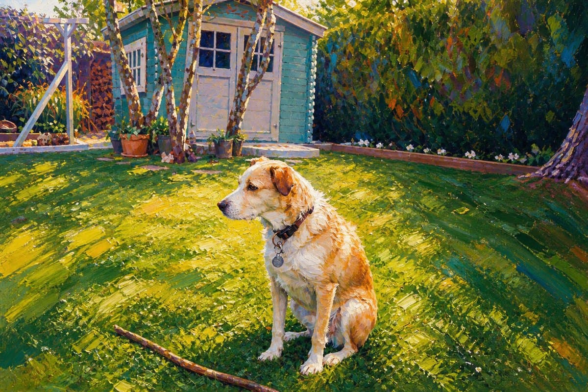 Impressionist painting of a dog sitting on a lawn in a garden