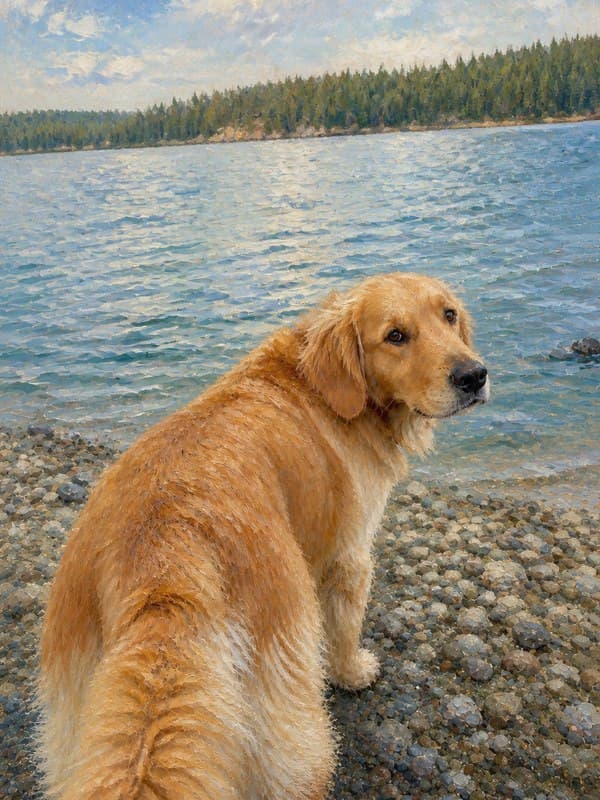 Impressionist painting of a golden retriever on a lakeshore under a pale blue sky