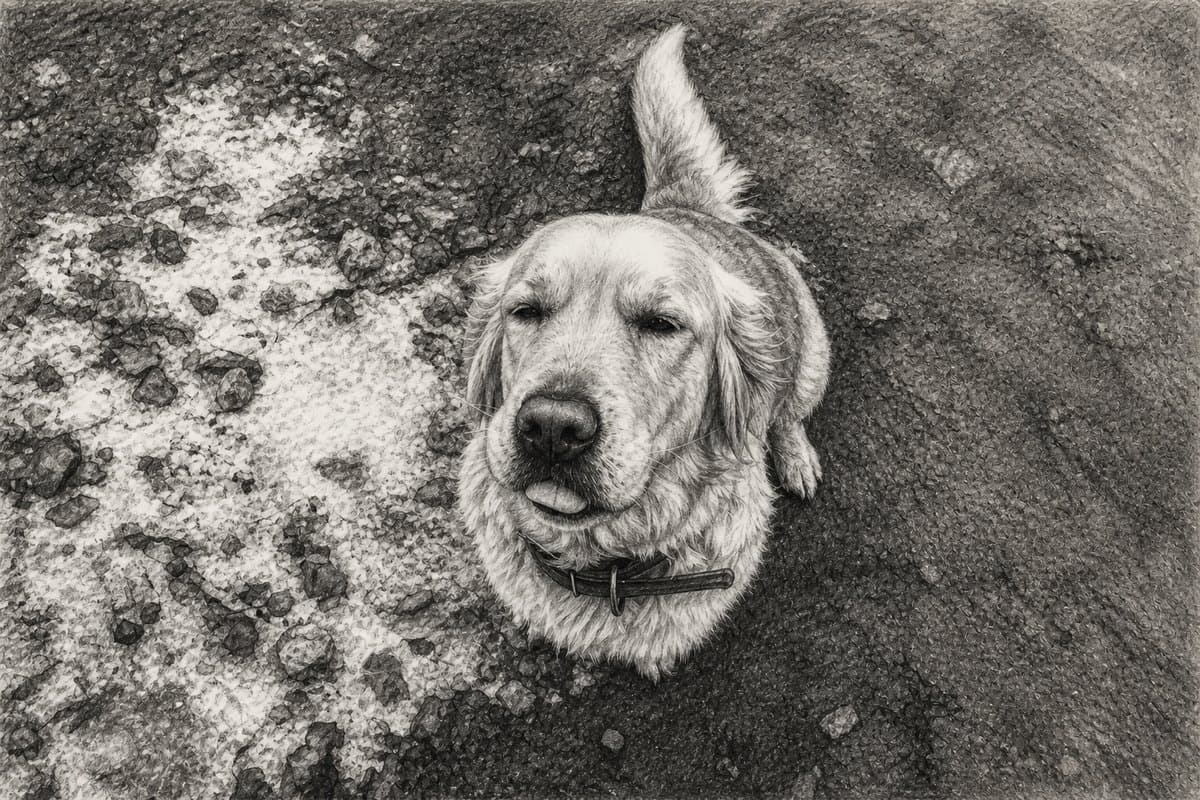 Charcoal drawing of a retriever looking up at the camera