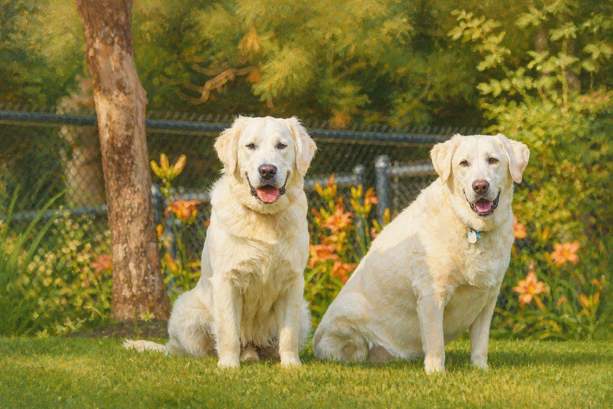 Oil painting of two retrievers sitting on grass