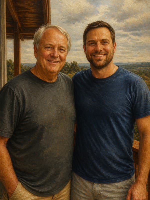 Oil painting of a father and his adult son on a porch under an overcast sky