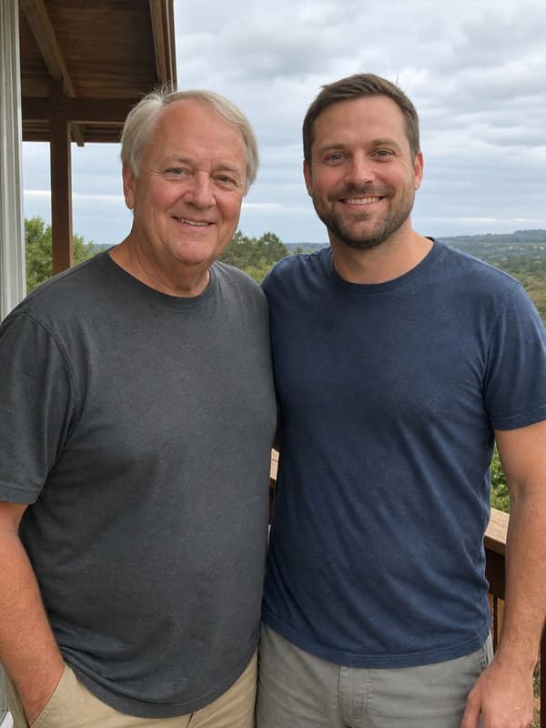 Photo of a father and his adult son standing together on a wooden porch
