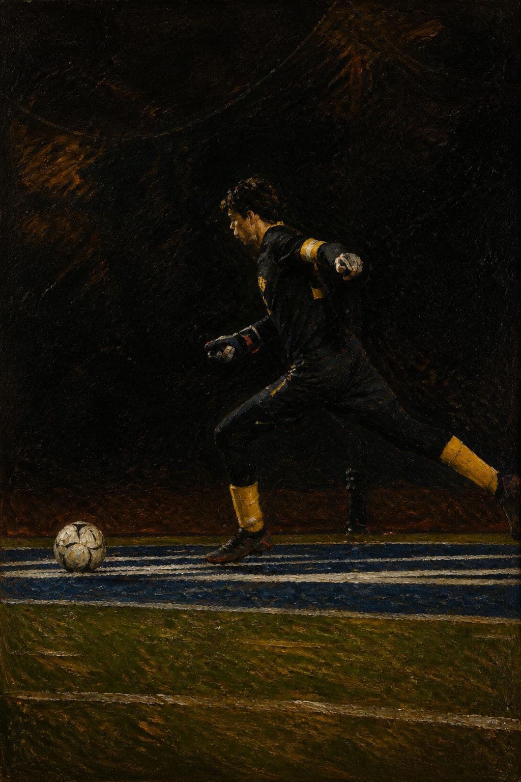 Oil painting of a goalkeeper kicking a ball on a pitch at night