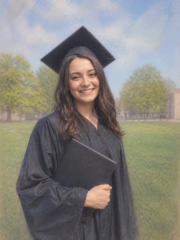 Pastel portrait of a graduate in cap and gown on a campus lawn