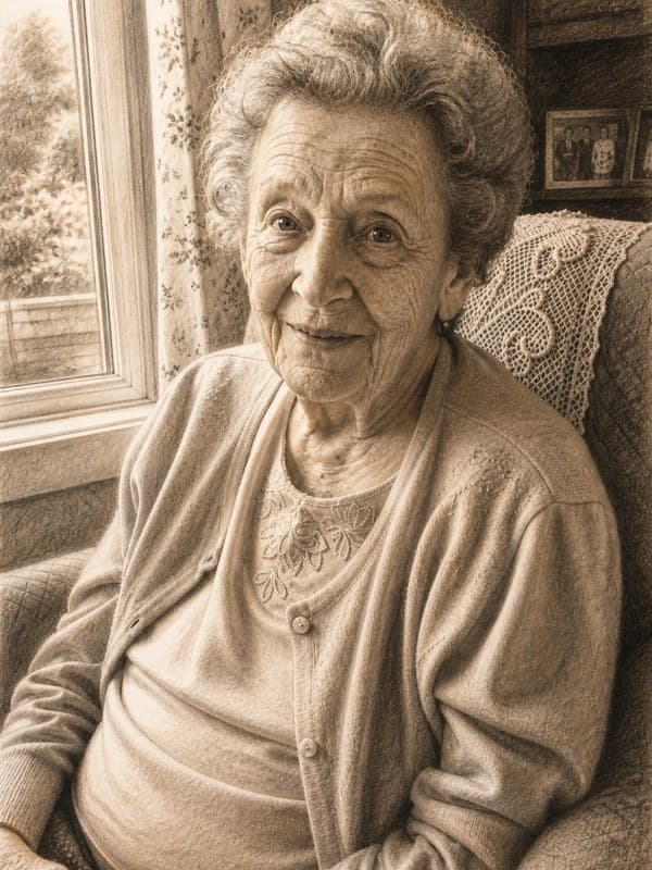 Charcoal drawing of a woman in her eighties seated in an armchair beside a window