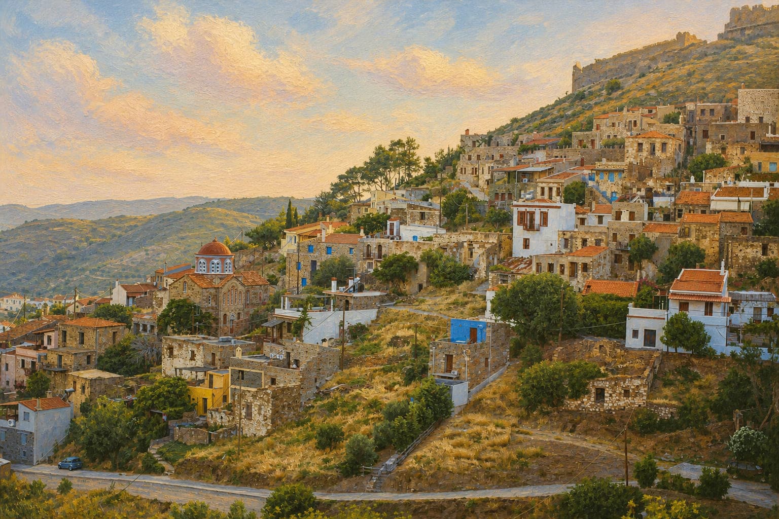 Oil painting of a hillside town of stone houses above a valley