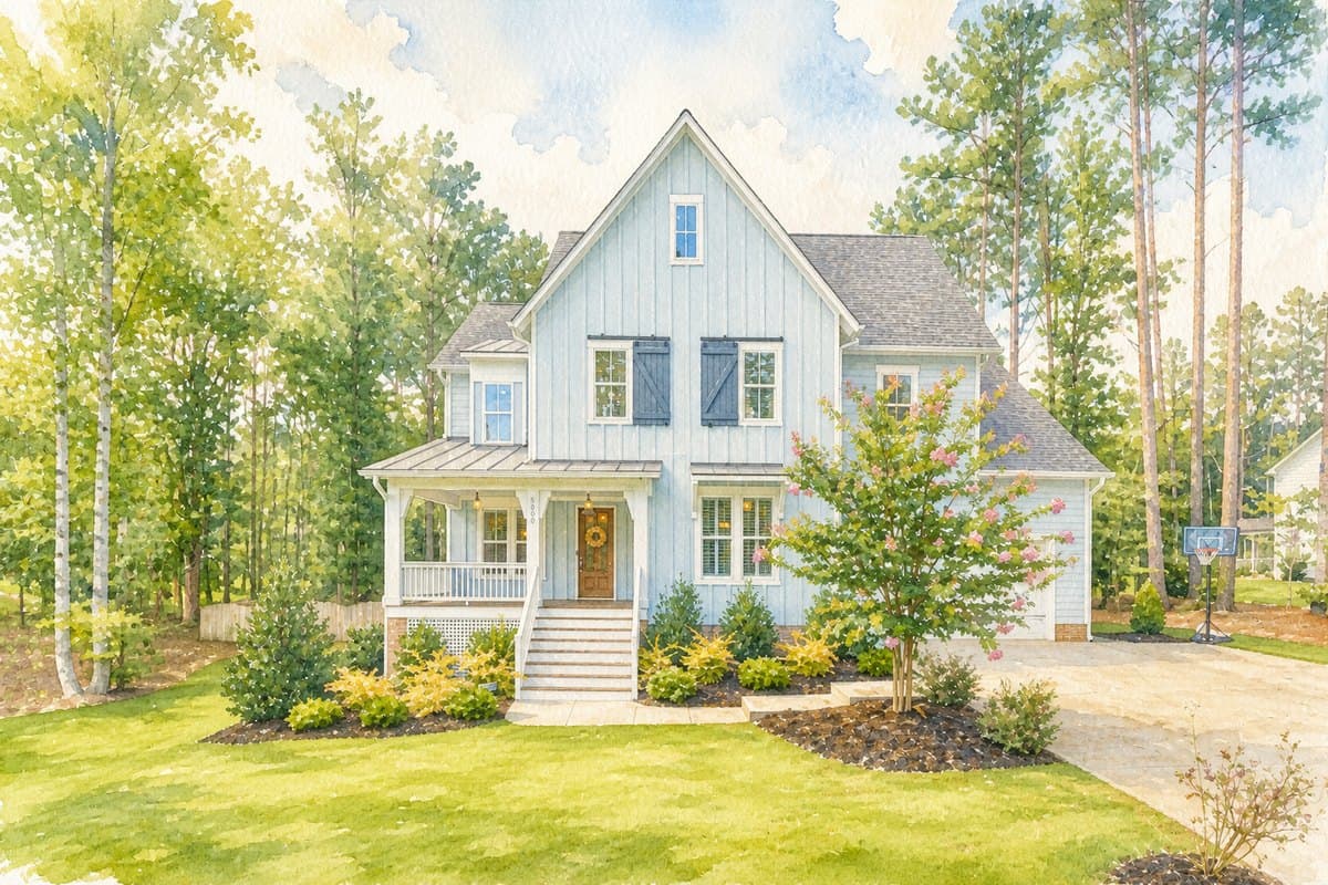 Watercolor painting of a pale blue family house among pines
