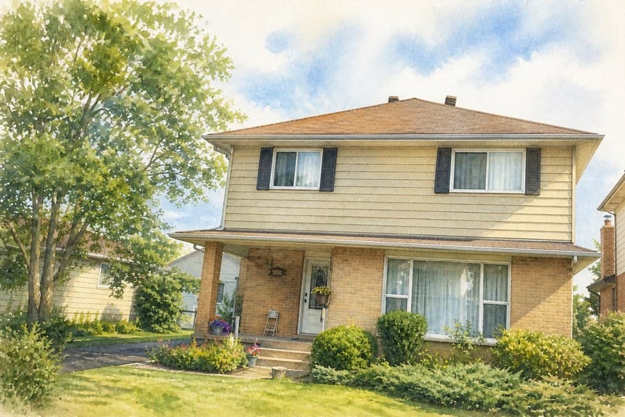Watercolor painting of a two-storey suburban house on a summer afternoon