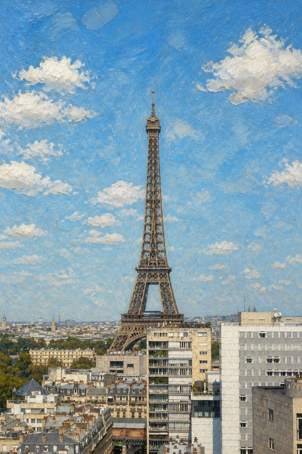 Oil painting of the Eiffel Tower above Paris rooftops on a clear day