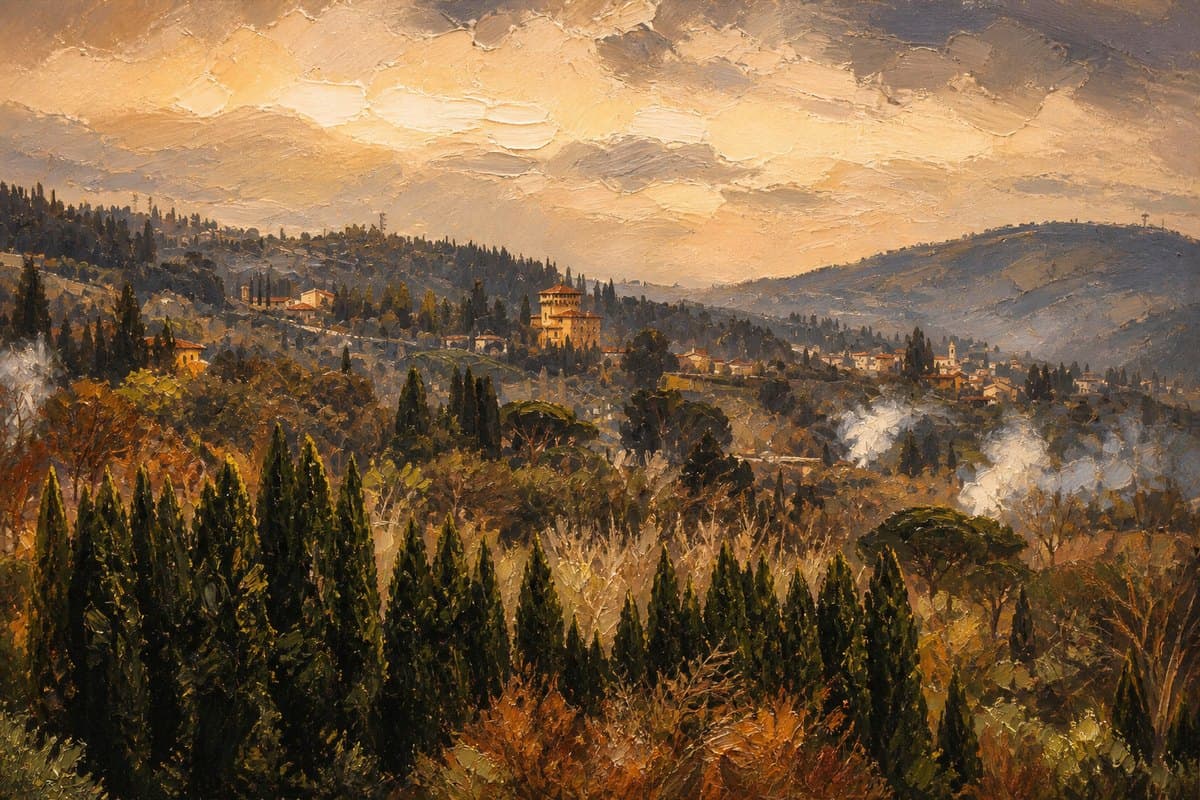 Impressionist painting of a misty Tuscan valley with cypress trees