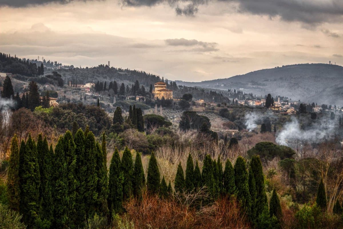Photograph of a misty Tuscan valley with cypress trees