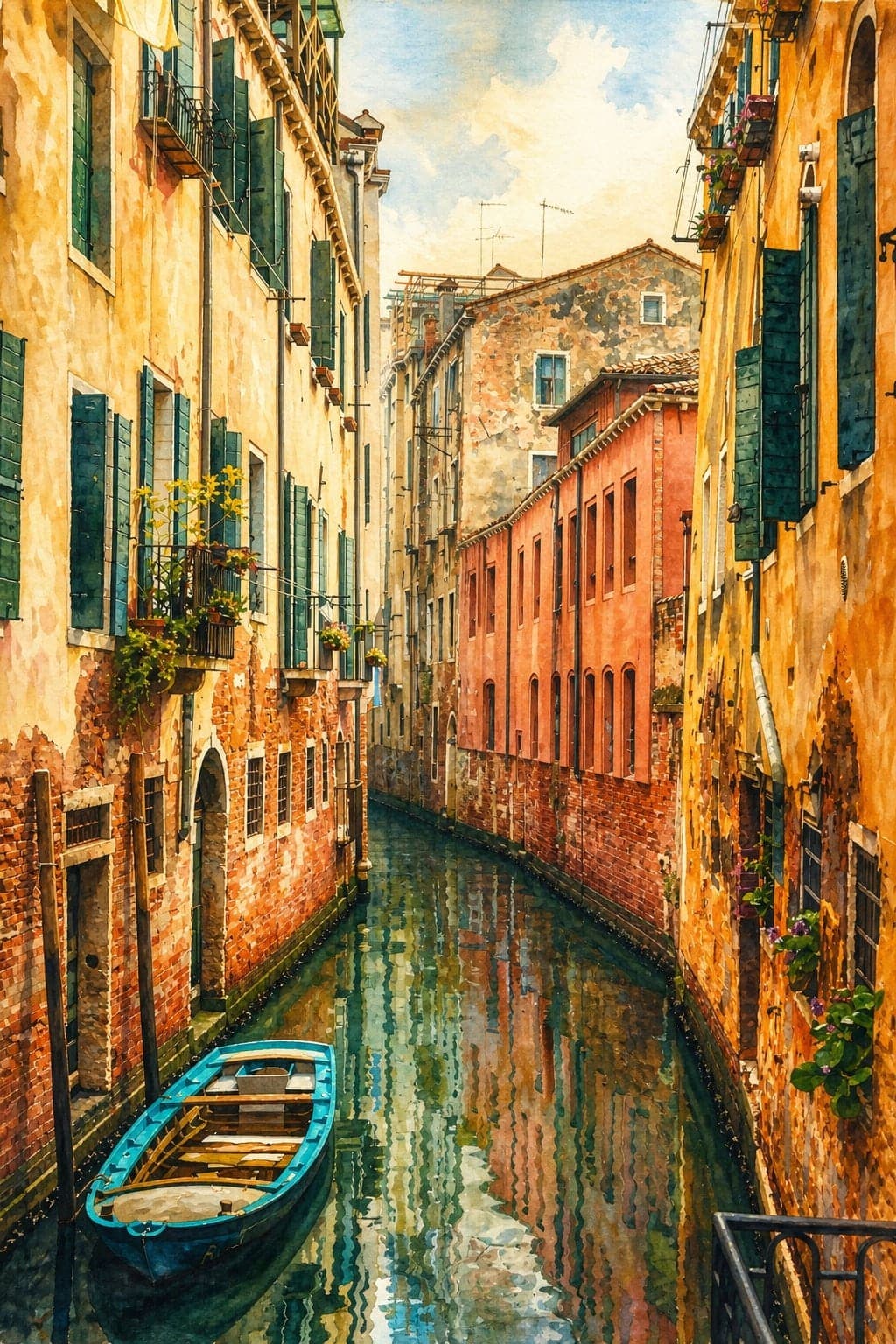 Painting of a quiet Venice back canal with a moored boat