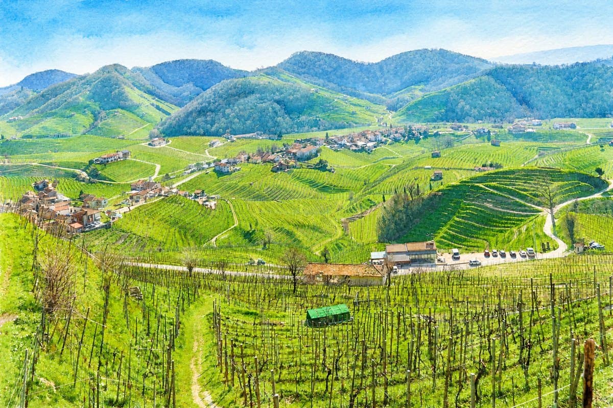 Watercolor painting of terraced vineyards under a blue sky
