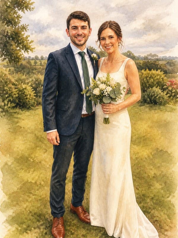 Watercolor painting of a bride and groom standing together on a garden lawn