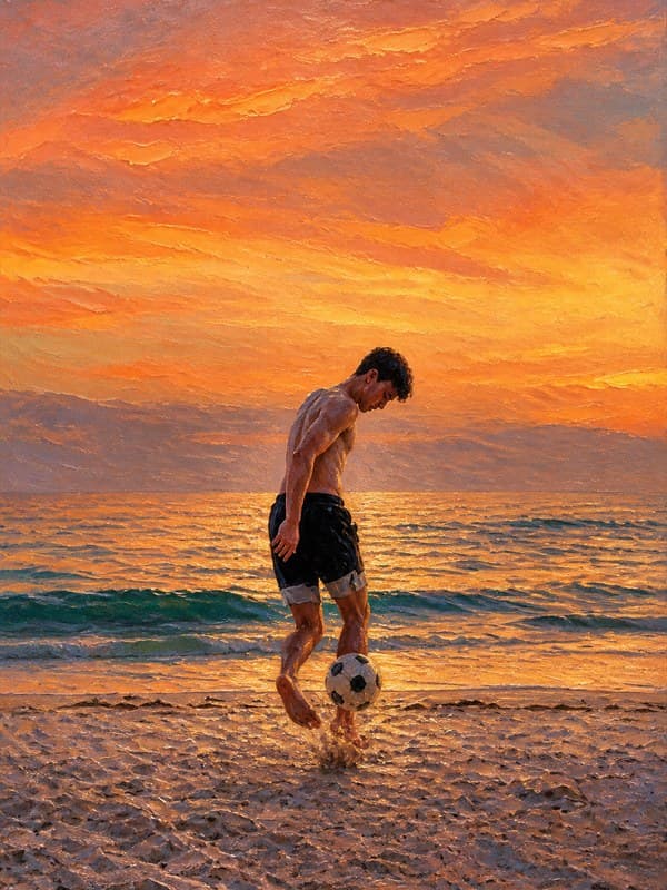 Oil painting of a young man juggling a football on a beach at sunset