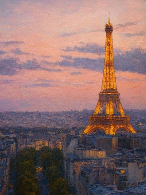 Oil painting of the Eiffel Tower with cool pink sky palette