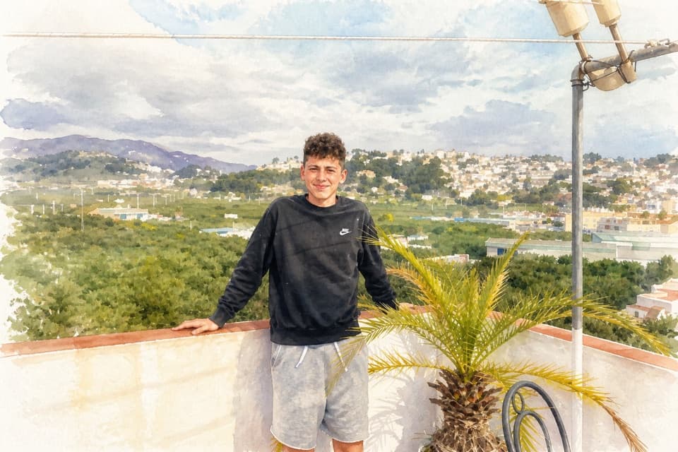 Watercolor portrait of a man on a rooftop terrace