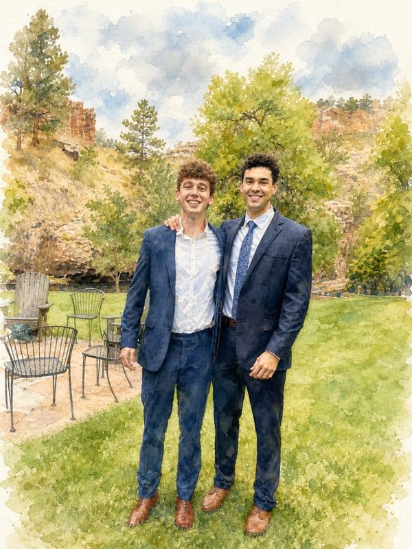 Watercolor portrait of two men in suits on a lawn