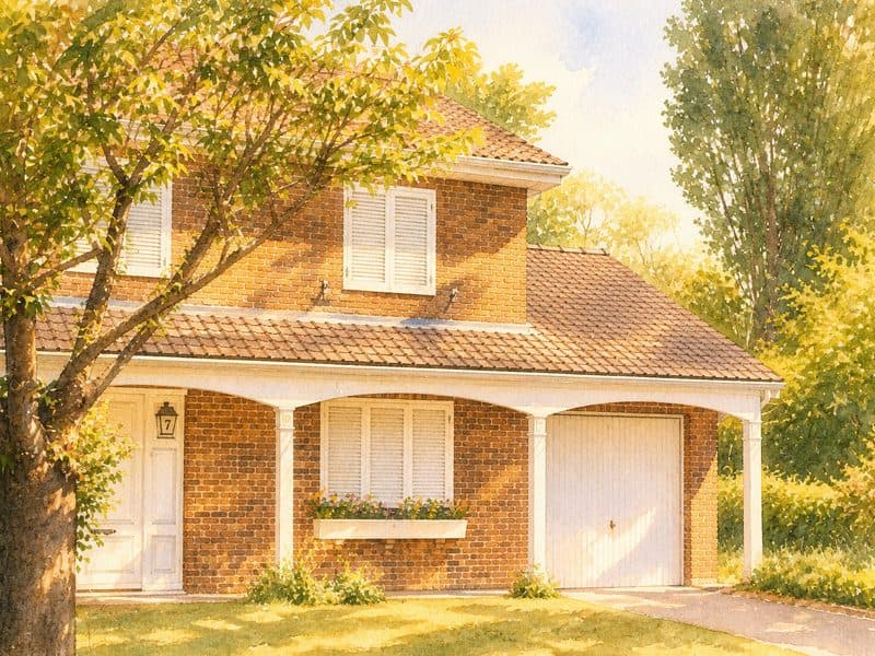 Watercolor painting of a brick house behind a tree on a summer afternoon
