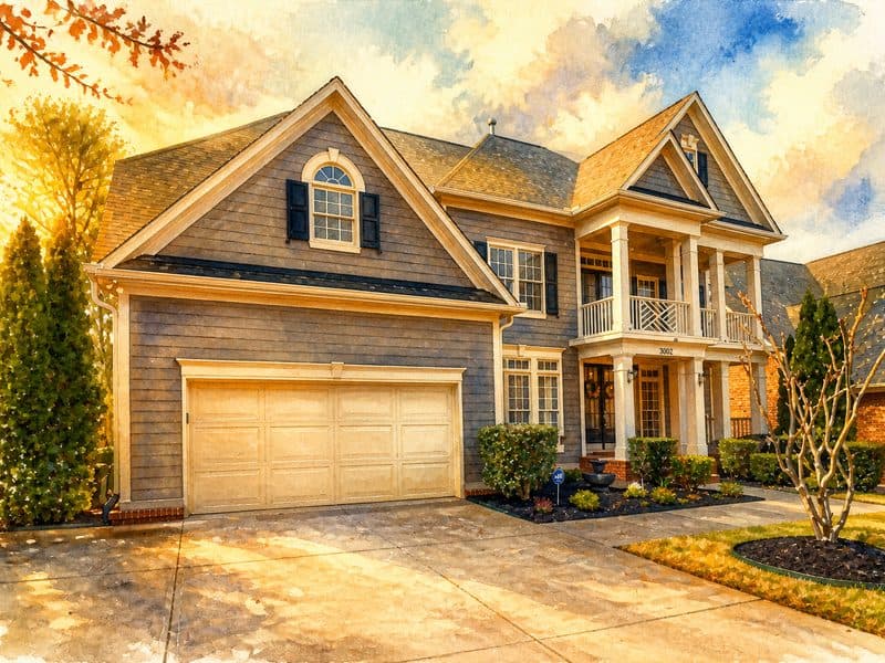 Watercolor painting of a two-storey house with a covered porch