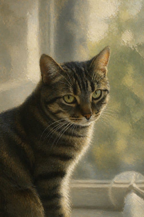 Quiet oil painting of a tabby cat in soft window light