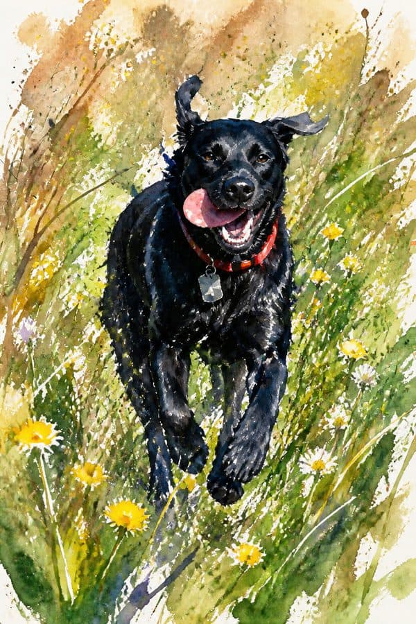 Loose energetic watercolor painting of a black labrador running