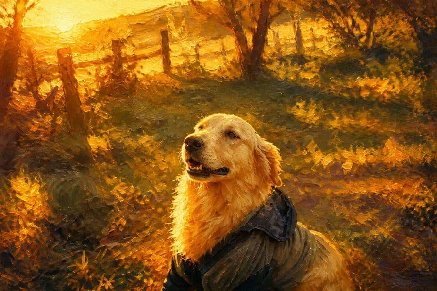Warm impressionist oil painting of a golden retriever in evening light