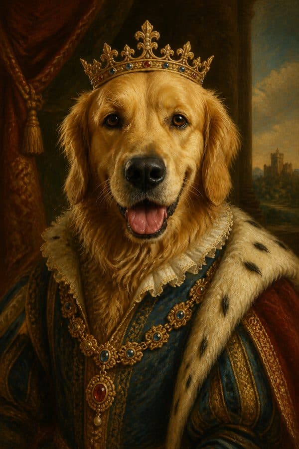 Royal renaissance oil portrait of a golden retriever in a crown and green velvet