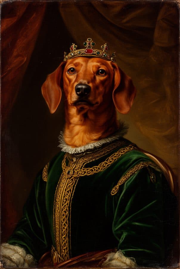 Classical oil portrait of a dachshund in a crown and green velvet doublet