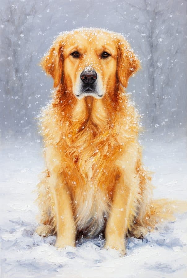 Impressionist oil painting of a golden retriever sitting in falling snow