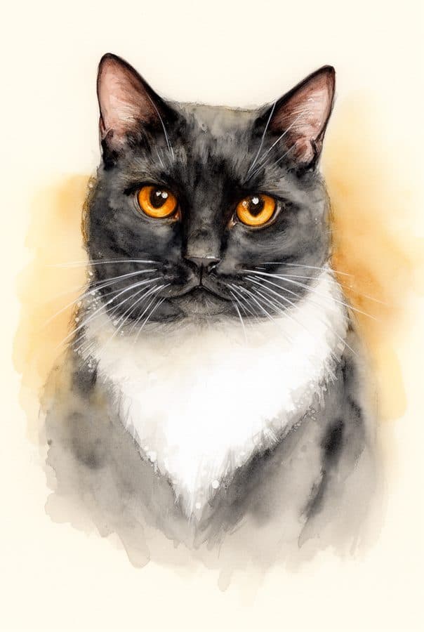 Watercolor portrait of a grey and white tuxedo cat with amber eyes