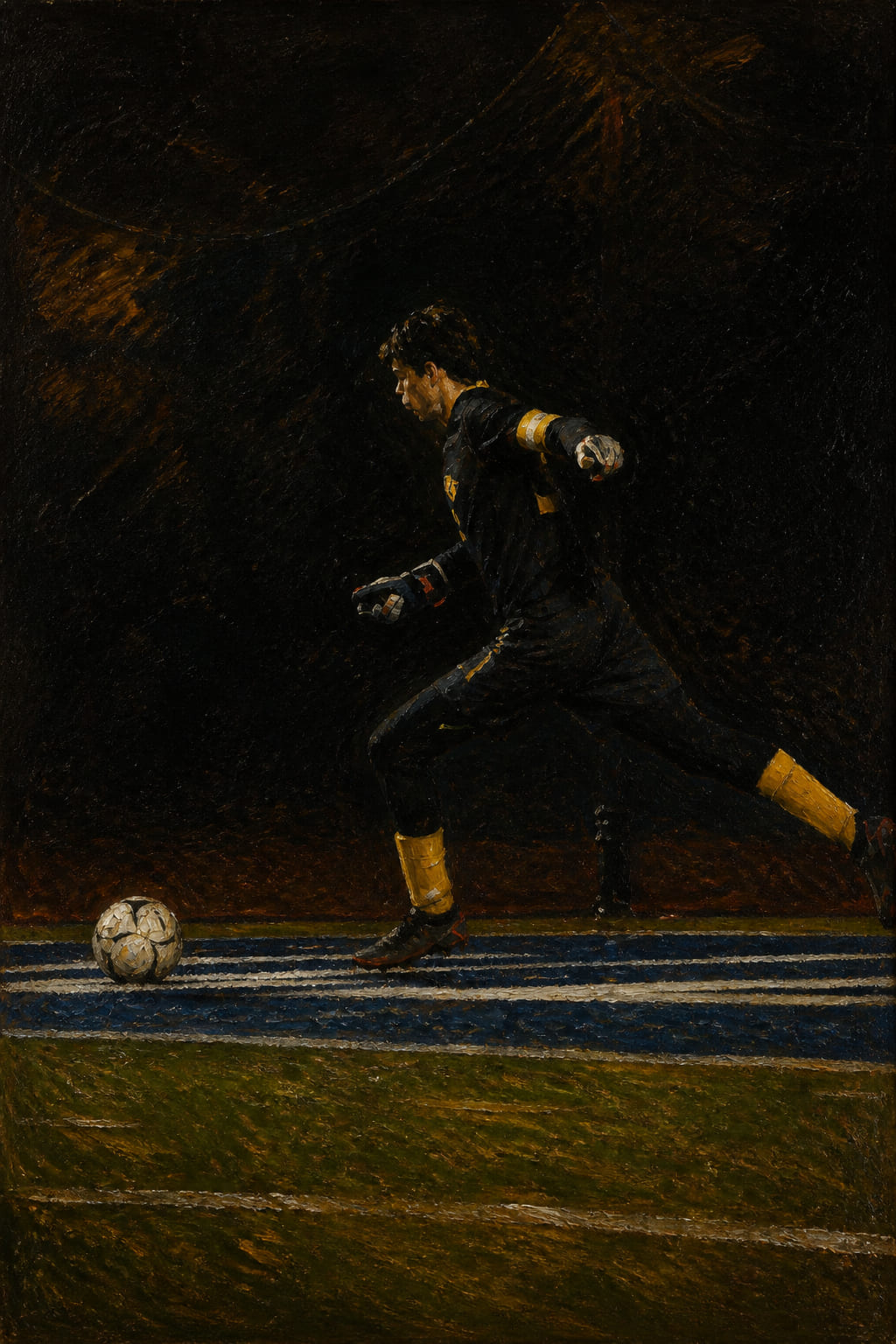Oil painting of a goalkeeper kicking a ball on a pitch at night