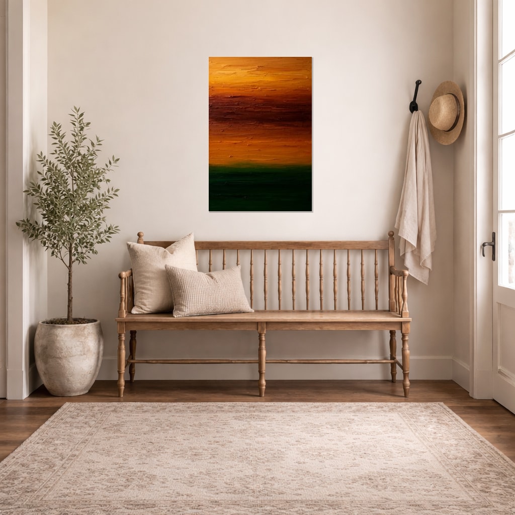 Amber and Umber hanging as a tall canvas in an entryway.
