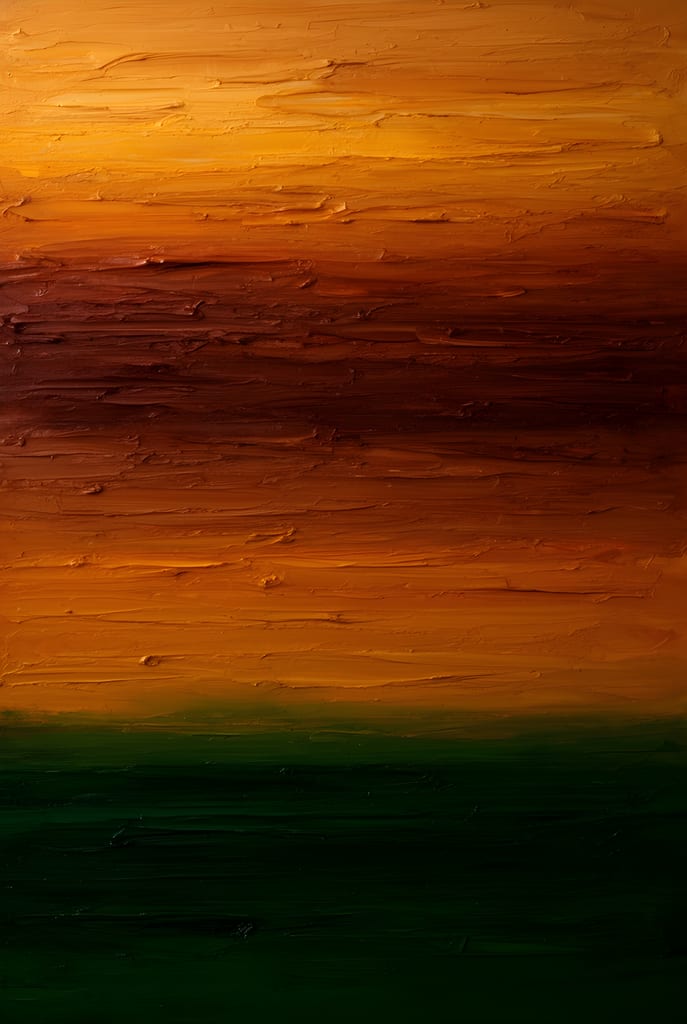 Textured abstract painting of horizontal palette-knife bands in amber and burnt umber with a deep green stripe.