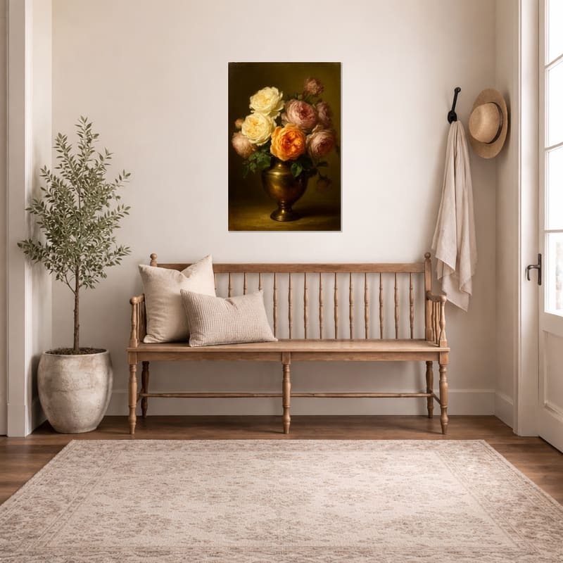 Antique Roses print hanging above a wooden bench in an entryway.