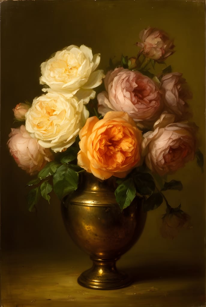 Old-world oil painting of cream, apricot and pink garden roses in a tarnished brass vase.
