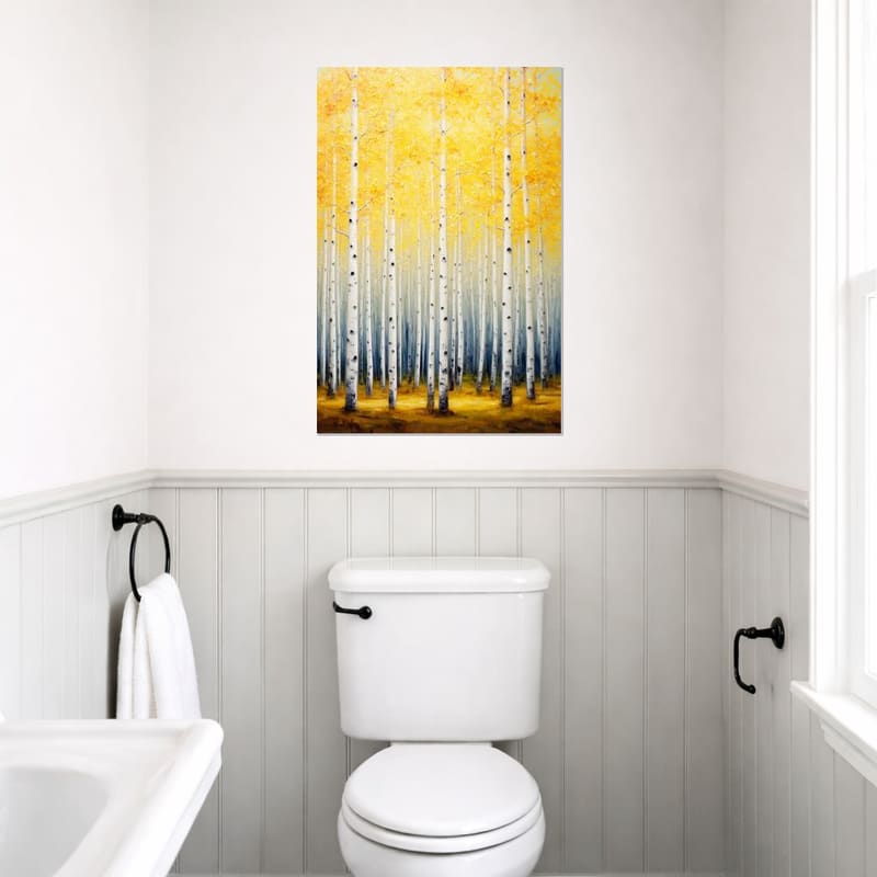 Aspen Gold print hanging on a white paneled bathroom wall.