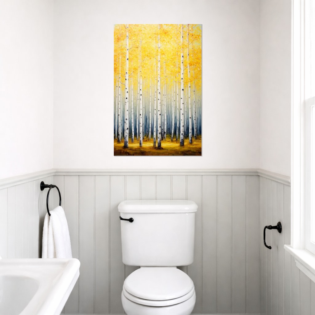 Aspen Gold print hanging on a white paneled bathroom wall.