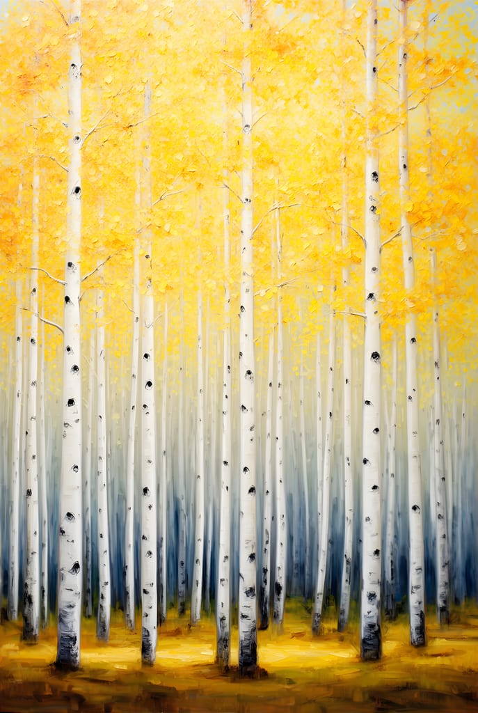 Painting of a golden aspen grove with white trunks and shimmering yellow autumn leaves.