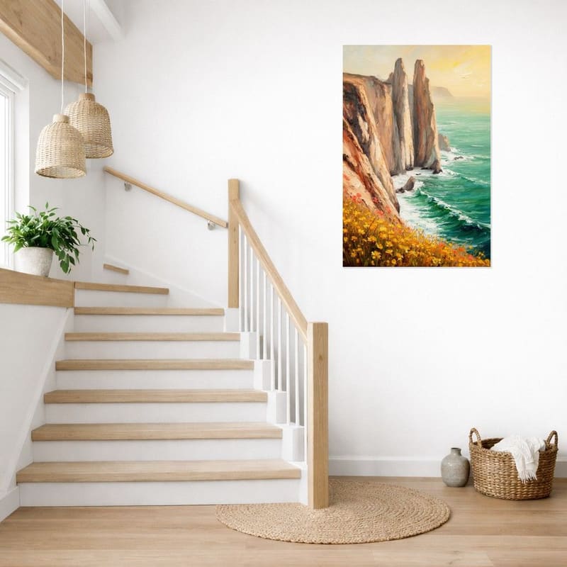 Big Sur Cliffs print hanging as a tall canvas beside a staircase.