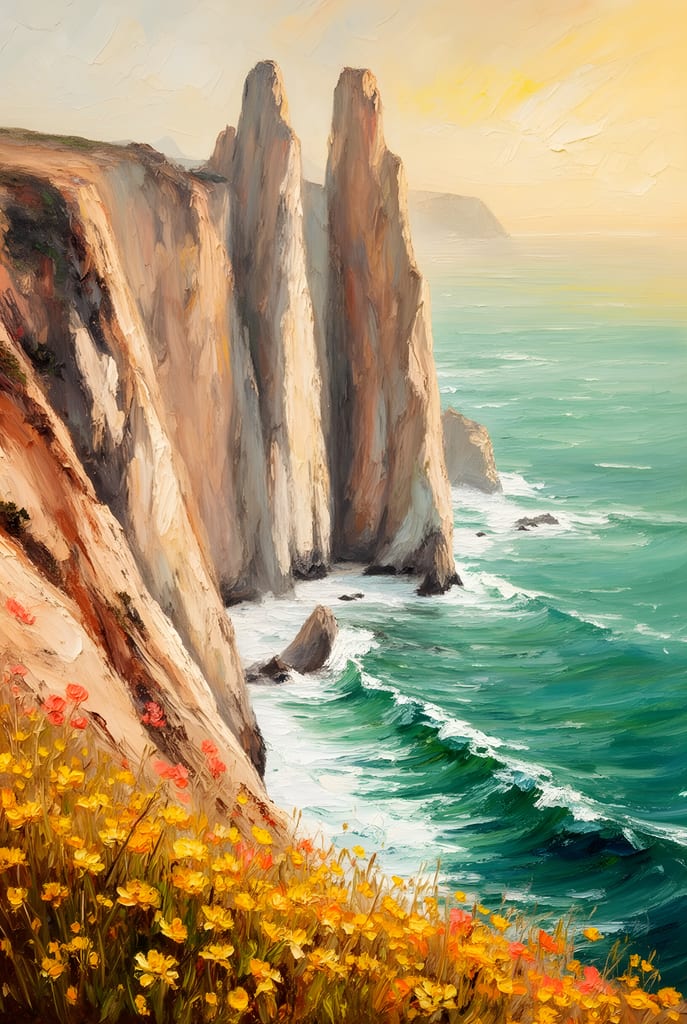 Impressionist painting of rugged coastal cliffs with golden wildflowers above turquoise surf.