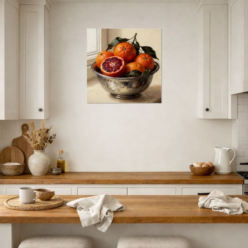 Blood Oranges in Pewter print hanging on a warm white kitchen wall.