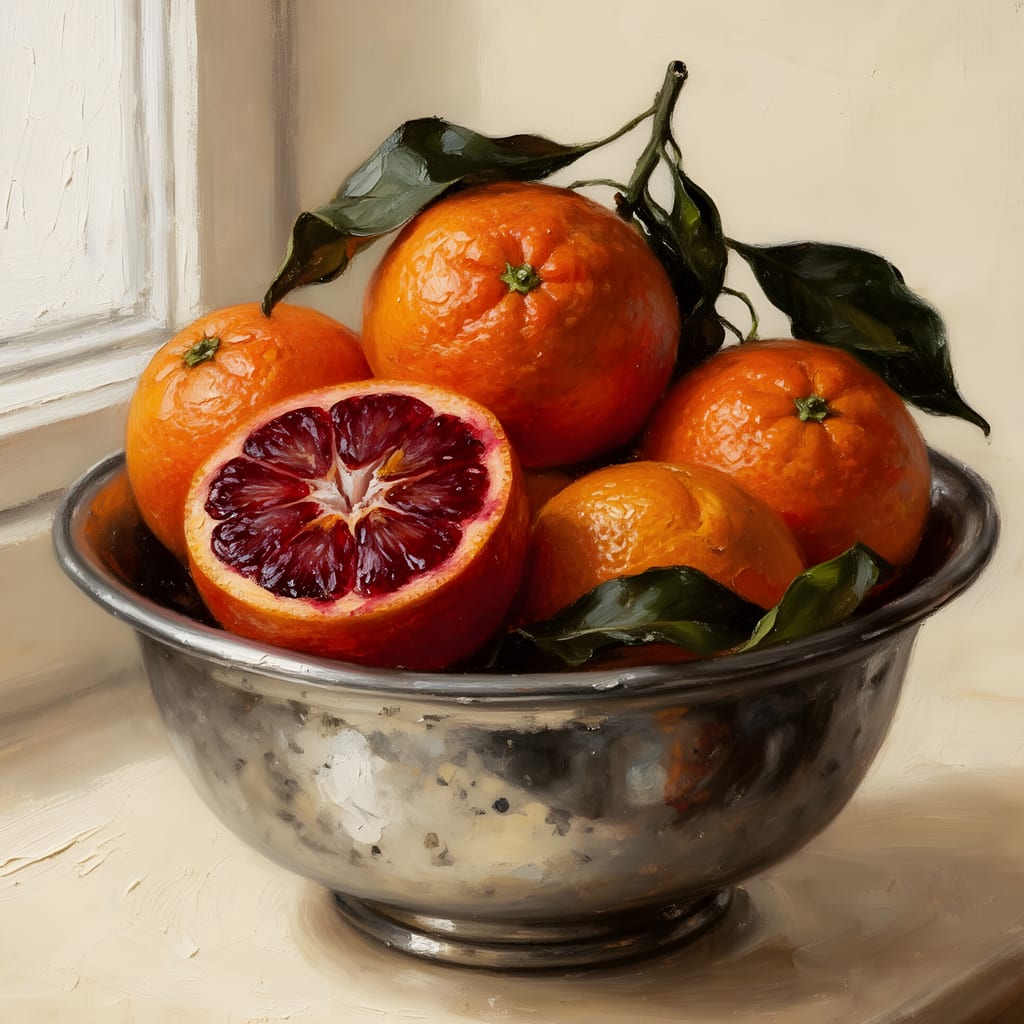 Still life oil painting of blood oranges and clementines with dark leaves in a pewter bowl, one fruit halved.