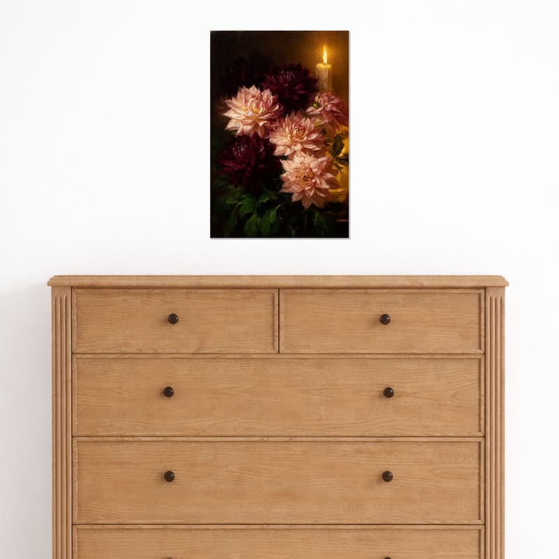 Candlelight Dahlias print hanging above a light oak dresser.