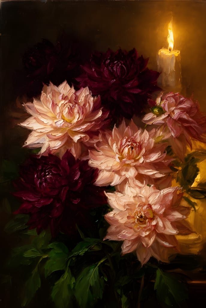 Oil painting of burgundy and blush pink dahlias lit by a single candle against a warm dark ground.