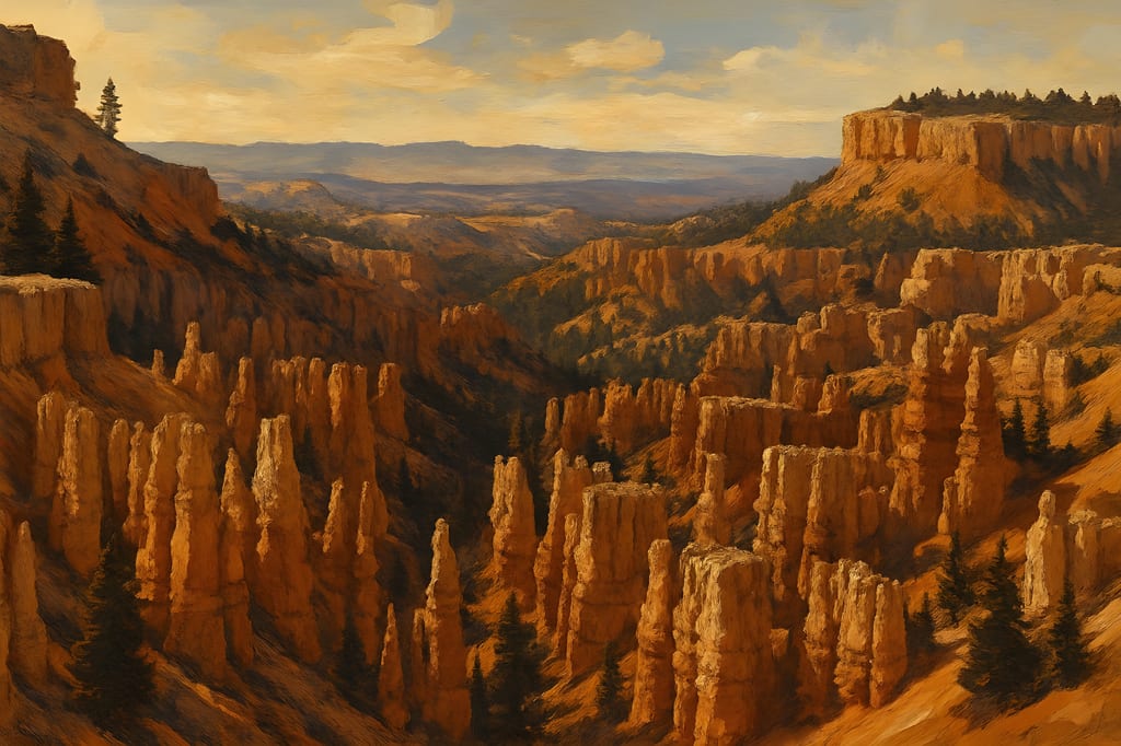 Painting of sunlit southwestern canyon spires beneath a wide open sky.