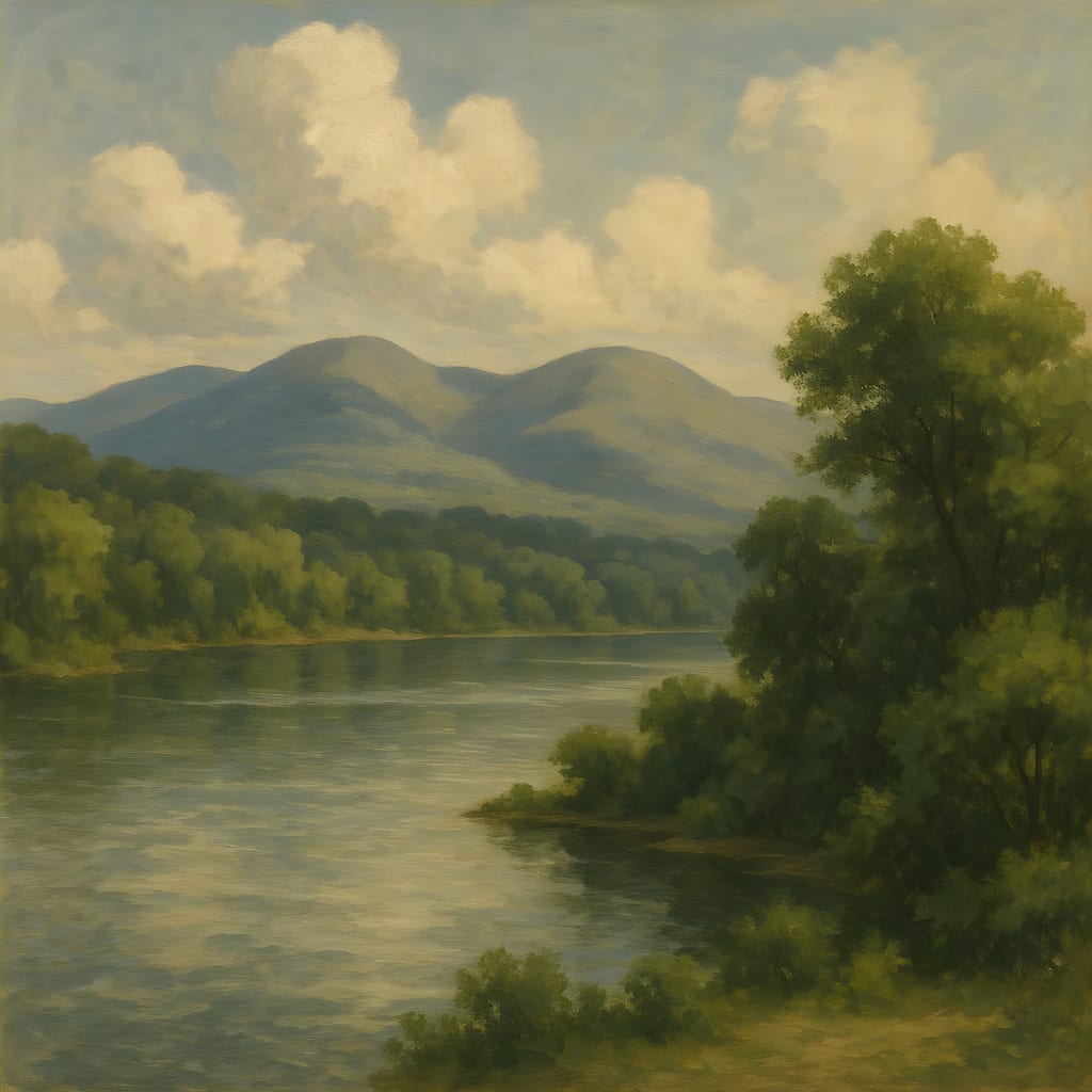 Traditional landscape painting of a river winding beneath rolling mountains.